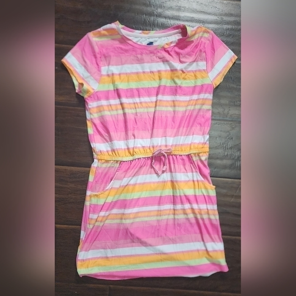 Girls Pink Striped Dress with pockets Large